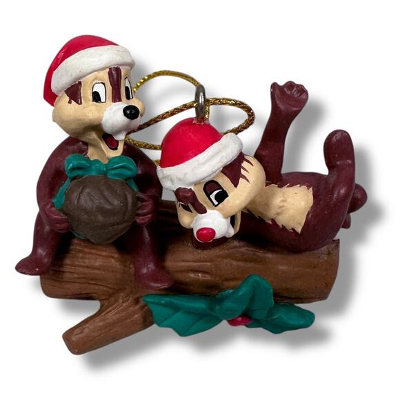Vintage Disney Chip 'n' Dale Christmas Ornament Santa Hats on Log Holiday Decor - Picture 1 of 8